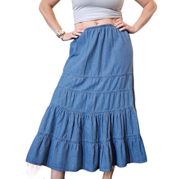 90s Womens Large Denim Jean Tiered Skirt Western Pullon Maxi Long Boho Cowgirl - Picture 1 of 9